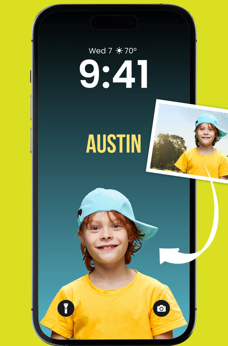 A photo of a boy in a blue cap becomes a Lock Screen wallpaper with his name above him