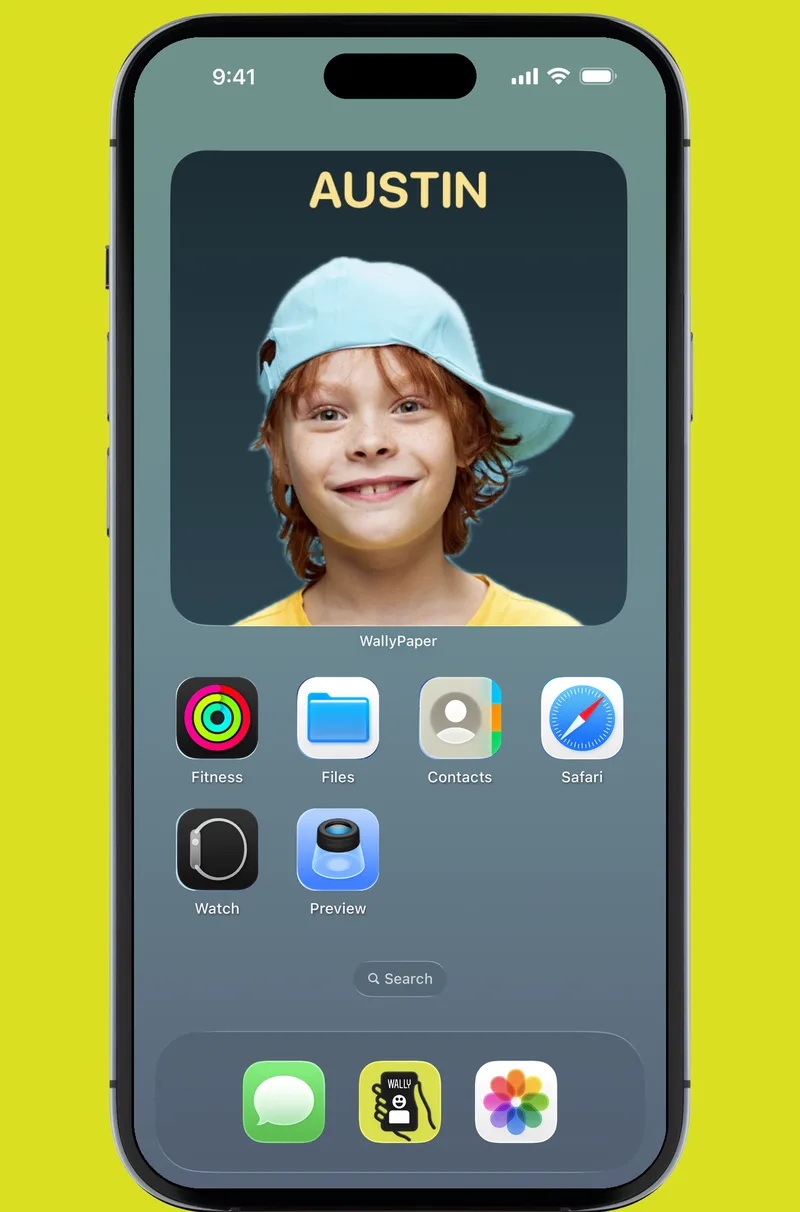 An iPhone Home Screen with a large WallyPaper widget showing a boy in a blue cap