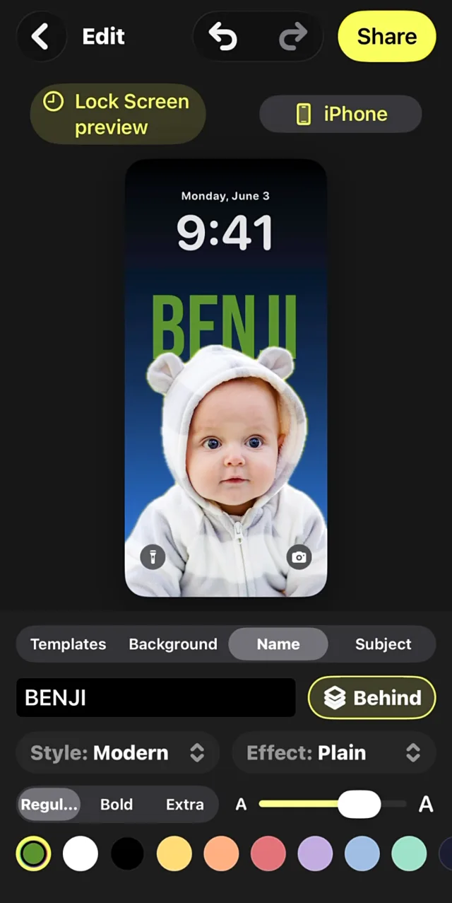 The WallyPaper Name tab with BENJI typed in, Style set to Modern, a green color chosen and the name placed behind Benji