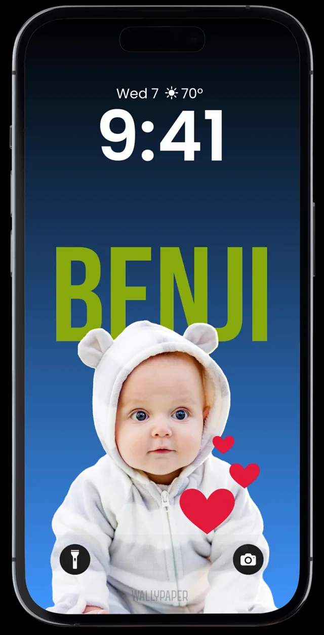 Baby Benji's finished Lock Screen wallpaper: his name in green above him on a blue gradient