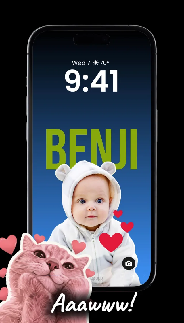 Benji's finished iPhone Lock Screen wallpaper with red heart stickers and a pink cat sticker saying Aaawww