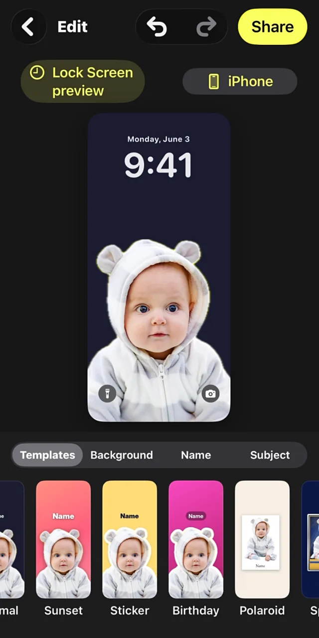 The WallyPaper editor with Benji lifted out of the photo onto a plain dark background, Lock Screen preview on and the Templates row below