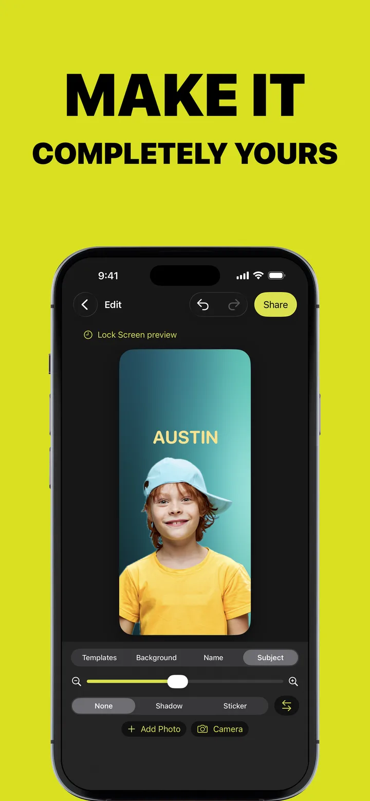 Make it completely yours: the Subject tab with size, shadow and sticker controls